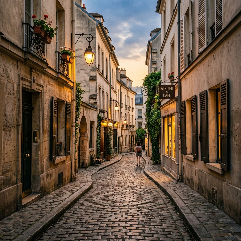 Warm Parisian cobblestone street at golden hour — the feeling of discovery