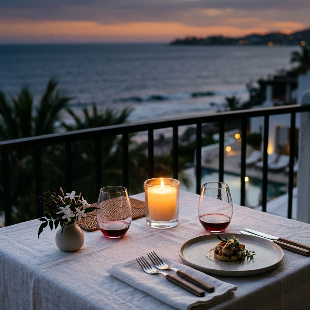 Candlelit table for two overlooking the ocean at dusk — the feeling of romance