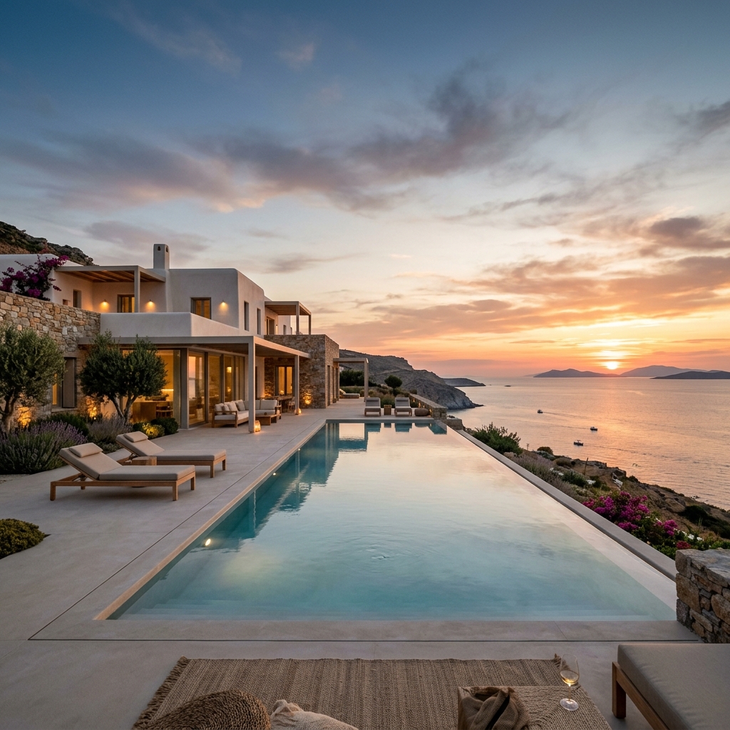 Cliffside villa with infinity pool at golden hour, Greek islands