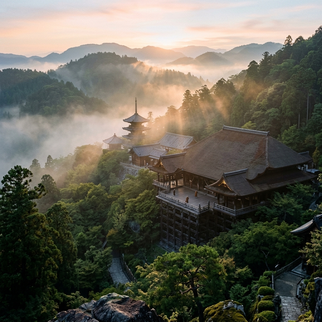 Misty ancient mountaintop temple in Kyoto at dawn