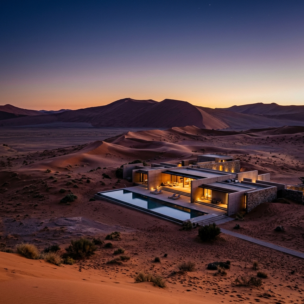 Sweeping desolate modern luxury desert landscape at twilight